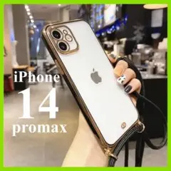ブラックiPhone14promax用ケーススマホショルダークリア透明ゴールド