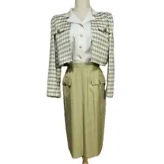 3点セット 銀座マギー チェック柄 クロップドジャケット スーツ カーキ