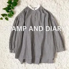 スタンプアンドダイアリー　スタンドカラーギャザーブラウス　ストライプ　七分袖