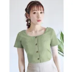 【処分セール】 GRL 半袖 スクエアネック リブニット グリーン