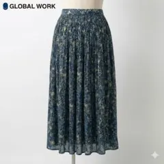 グローバルワーク 小花柄プリーツロングスカート ネイビー M ウエスト総ゴム