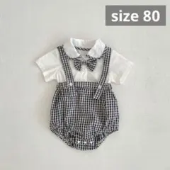 韓国子供服　ベビー服　ブラック　半袖　チェック柄　サロペット　ロンパース