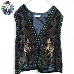 大きめ ベスト エスニック 総柄 ペイズリー 2L 象柄 ベロア レディース