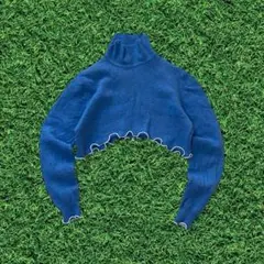 【リメイク古着】再構築メローフリルチビ丈ニットセーター ブルー 短丈レディース