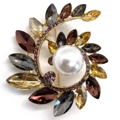 ラインストーン パール ブローチ ブラウン ヴィンテージ風 アンティーク調 上品