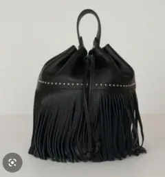 【LAURA DI MAGGIO】レザー フリンジ 巾着バッグ バケツバッグ　黒