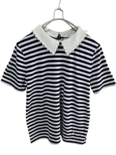 【MUVEIL】ミュベール パールビーズ襟 ボーダーカットソー Tシャツ 38のサムネイル