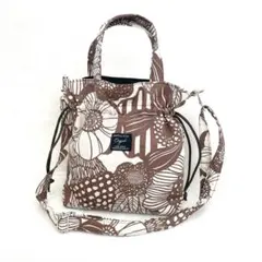 綿麻大花セピア色【Sサイズ】巾着ショルダーバッグ　ハンドメイド