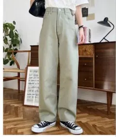 デニム＆ツイルストレートパンツ カーキ moment＋ ズボン ボトムス