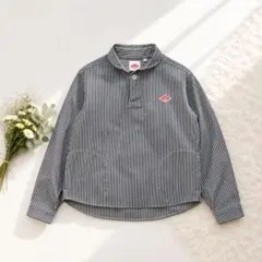 【美品】ダントン ラウンドカラー プルオーバーシャツ ストライプ 34 紺のサムネイル