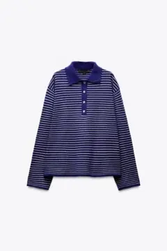 ZARA ネイビー/ホワイト ボーダー長袖ニットポロシャツ