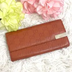 GUCCI シマ GG ロゴプレート 長財布 レザー オレンジ