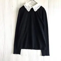 【INGNI】イング ビジュー＆パール付き レース襟リブカットソー 黒 M