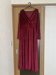 Vネック カシュクール　赤　ベロア　Lサイズ　長袖 ロングワンピース