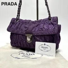 t32【美品】Gカード付　プラダナイロンサフィアーノギャザーチェーンショルダー.
