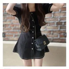 スクエアネック配色ステッチフレアミニワンピ　GRL