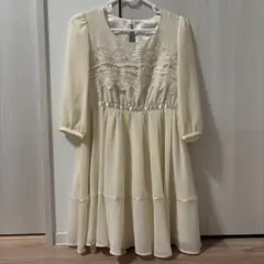 アイボリー レース装飾 七分袖ミニワンピース