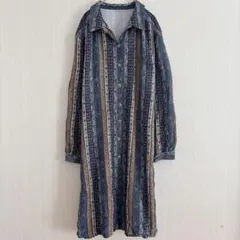 ヴィンテージ 昭和レトロ 総柄ロングシャツワンピース 総柄シャツ 派手柄 古着
