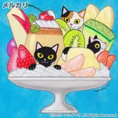 原画「三匹の猫とプリンアラモード」猫/昭和レトロ/イラスト/アート/絵画/菓子