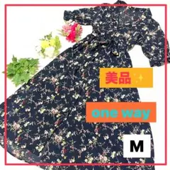 超美品✨ネイビー 小花柄 ５分袖ロングワンピース M ウエストリポン 軽い