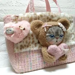 コヤンイサムチョン☆横長トートバッグ　ユキヒョウファー&ツイード　ルミ　ハート