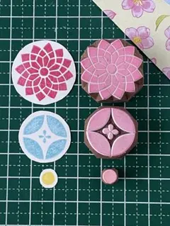 消しゴムはんこ　お花セット　菊　朝顔　丸　和柄　ワンポイント　名刺カード1枚付