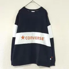 コンバース（L）バイカラー長袖スウェットトレーナー　黒白　ロゴプリント　パイル地