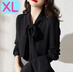 シフォン ブラウス リボン 黒 XL 上品 韓国 フォーマル ボウタイ オフィス