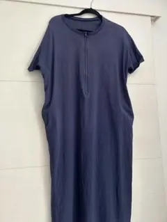 ネイビー 半袖 ロングワンピース ジッパー付き　マタニティ　授乳服