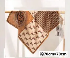 馬柄 大判スカーフ 約70cm×70cm オレンジ ブラウン　シルク調