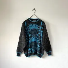 アメリカ製 ビンテージ シャギーニット アート柄 黒 派手 個性的 オシャレ L