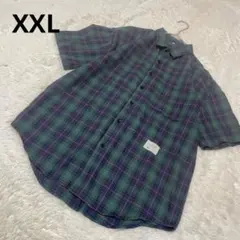 半袖シャツ メンズ チェック柄 緑系 綿 トップス カジュアル/XXL