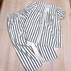 白ネイビー ストライプ セットアップ 半袖 パンツ セット