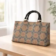 【◎131】紬リメイク ハンドメイド トートバッグ 紺 えんじ ウッド調持ち手