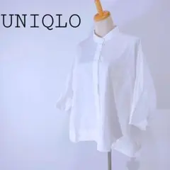 a0943 UNIQLO/ユニクロ　ホワイト 五分袖シャツ M おしゃれ着やすい
