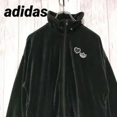 アディダス ベロアジャケット トラックジャケット 刺繍ロゴ L 黒 ショート丈