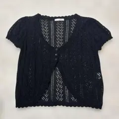 黒 レース編み 半袖カーディガン