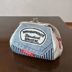 649 デニムリメイク がま口 ポーチ アメカジ ハンドメイド