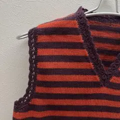 オレンジ 紫 ストライプ Vネック ニットベスト 古着 ヴィンテージ 春