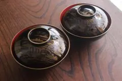 小傷有！時代内朱金縁黒漆に極上鯉蒔絵の映えるお椀2点（検輪島塗蒔絵椀