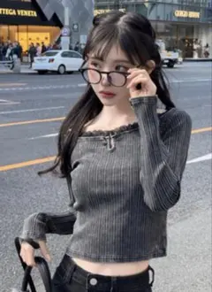 GRL 【tu1571】 レースフリルオフショルダーリブ トップスSサイズ　黒