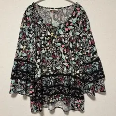 花柄 七分袖 カットソー 黒 ピンク 緑 XL