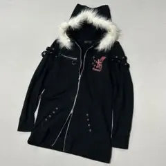00s 猫耳 ファー ダブルジップ パーカー ライダース 十字架 蝶々 刺繍