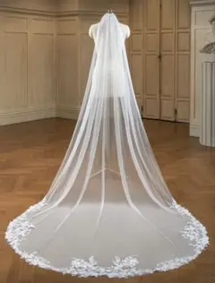 ホワイト レース装飾 ウェディングベール　3m
