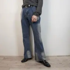 古着　フレアデニム　パンツ ダークブルー 色落ち加工