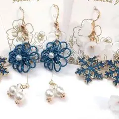 ハンドメイド イヤリング 花と雪の結晶