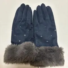 ファー付きネイビー手袋 装飾付き