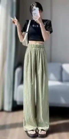 M グリーン パンツ ワイドレッグ ハイウエスト ストレート ウエストゴム