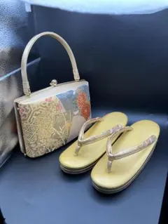 西陣織帯地使用　正絹　花柄バッグと草履セット