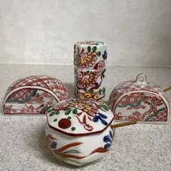 九谷焼 陶器　色絵蓋物 4点セット花鳥山水 金彩風小物入れ薬味入れ香合 窯印ありのサムネイル